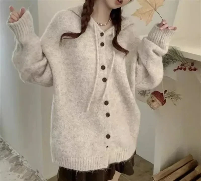 

Loose Lazy Style Knitted Sweater Top Grey Open Cardigan Hooded Thickened Women's