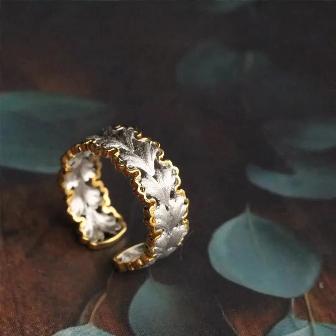 Ginkgo Leaf Ring Women's Weave Carved Gold Craft Opening Plated 18K Gold Opening Index Finger Ring Small Design Ring