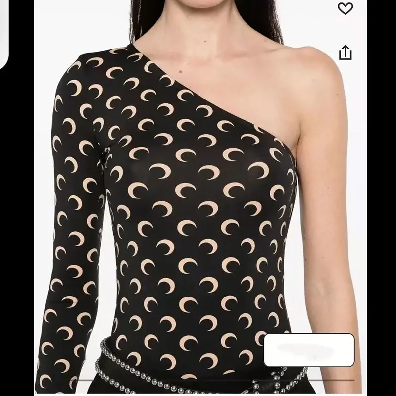 Women Tshirt Long Sleeve Korean High Street Casual Slim Fit Ice Silk Stretch Fabric Moon Print Slanted Collar Sunscreen Top