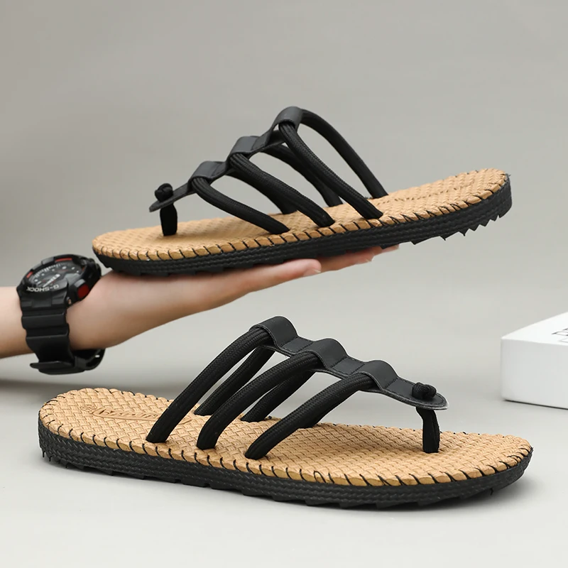 

2026 Summer Open Toed Men'S Woven Flat Sandals Comfortable And Non Slip Casual Flip Flops Lightweight Outdoor Beach Slippers