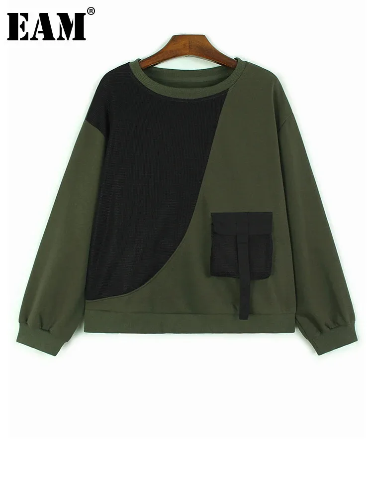 [EAM] Green Color-block Casual Sweatshirt New Round Neck Long Sleeve Women Big Size Fashion Tide Spring Autumn 2023 1DH8641