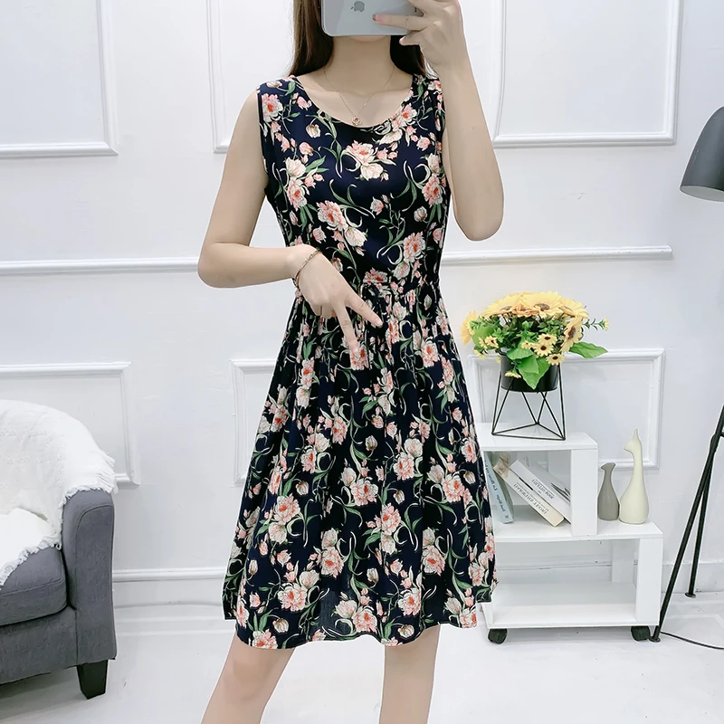 고급 유럽 스타일 플로럴 프린트 실크 코튼 여름 드레스 얇은 인조 코튼 캐주얼 루즈 웨이스트 디자인