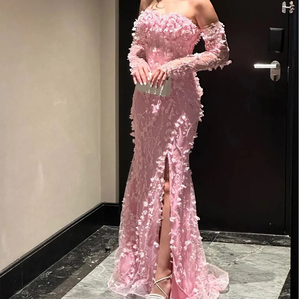 

Customized Exquisite Organza Front Slit Straight Off the Shoulder Sequined Flowers Evening Dress High Quality Long Sleeves