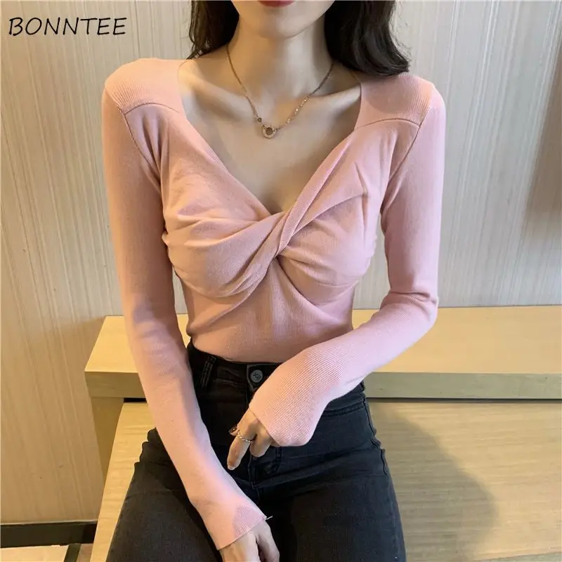 Pullovers Women Solid V-neck Folds Knitted All-match Korean Fashion Slim Fit Sweet Sexy Girls Popular Autumn Inner Classic Chic