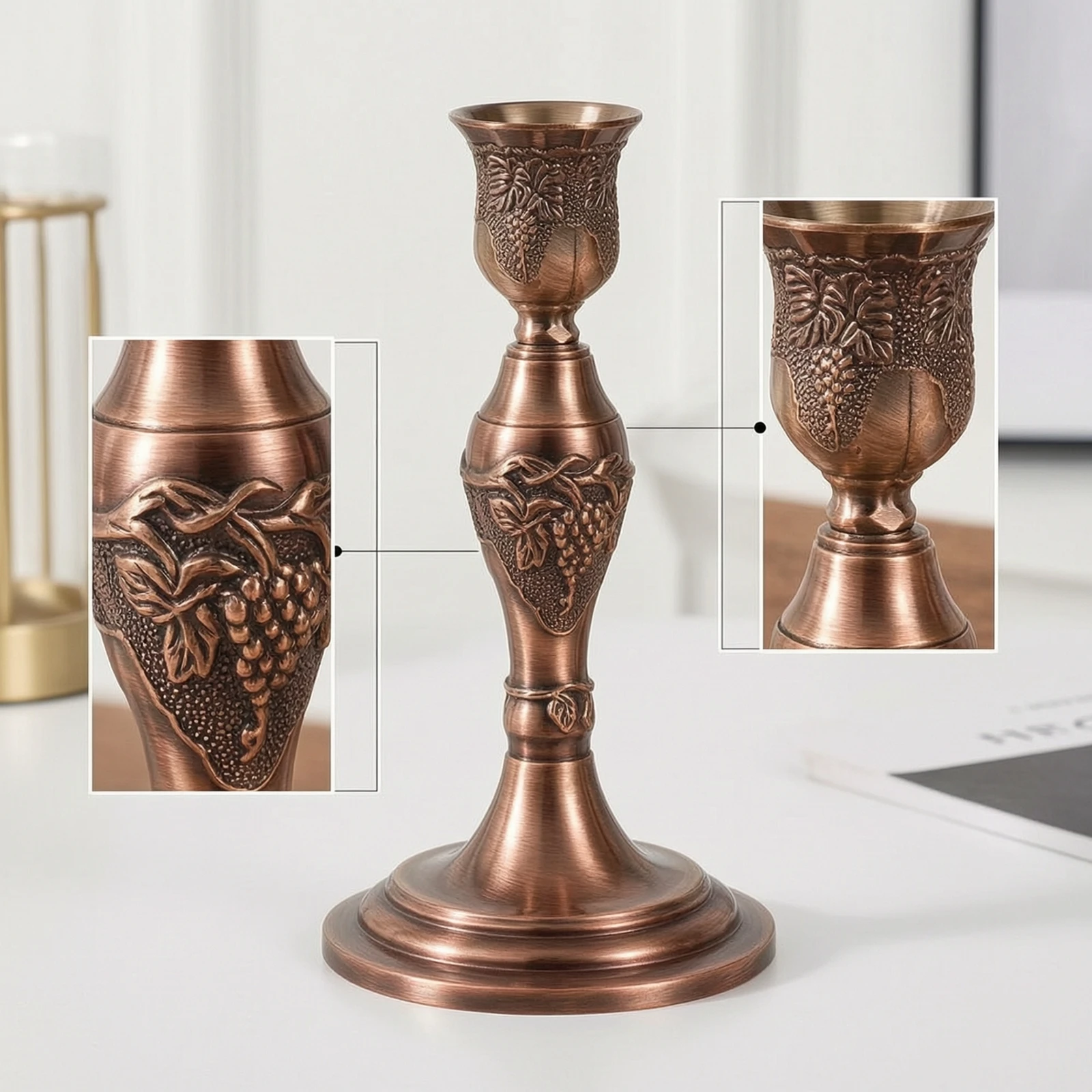 Metal Candle Holder Elegant Tabletop Candle Holder Metal Candlestick Vintage Candlestick with Round Base Embossed