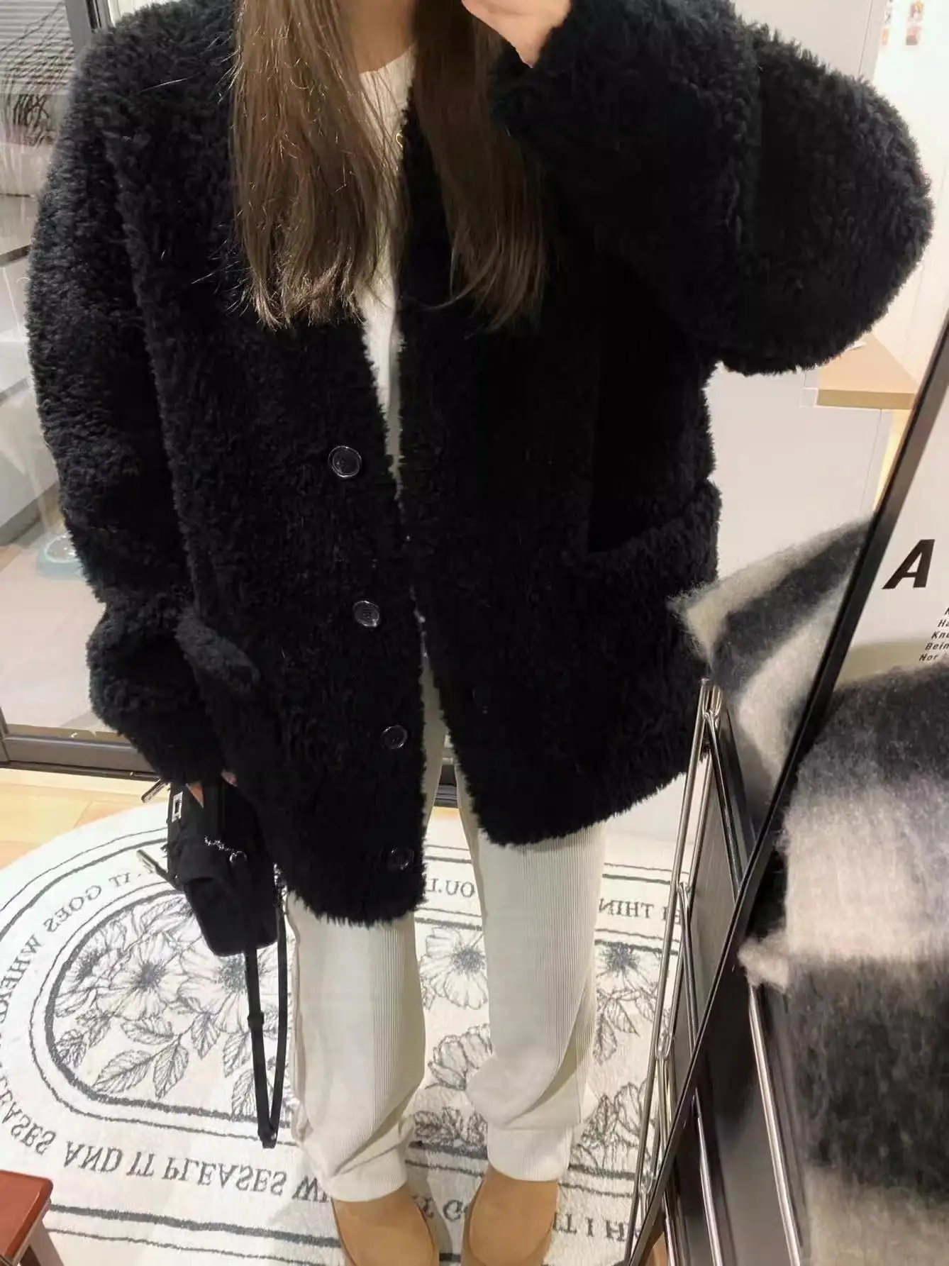 

Lamb Fur Jaet Women's Thiened Autumn Winter Coat Lazy Sle Design Cotton Sandwich One-Piece Leather And Fur Outerwear