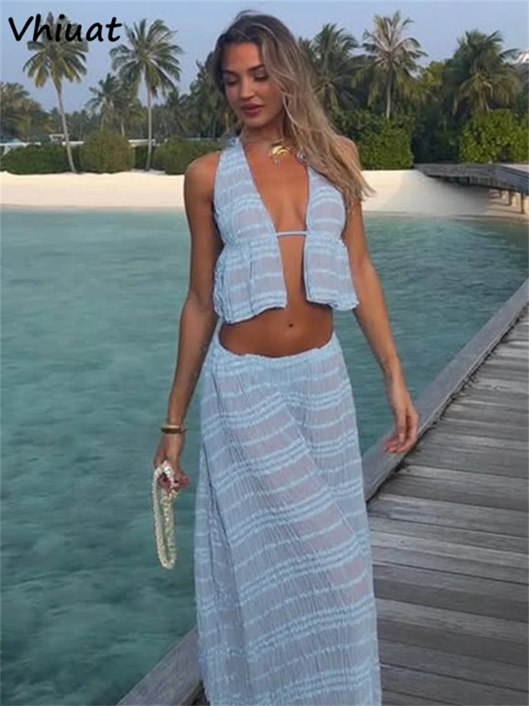 

Vhiuat Backless Women Summer Halter Crop Tops Vest Holiday Beach Sexy Maxi Long Skirt New In Matching Fashion Two Piece Set 2025
