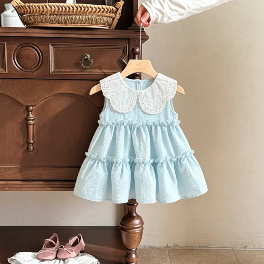 Baby Dress Summer Collared Solid-Color Sleeveless Girls' Dress Cute Beach Kids Dress Baby Girl Clothing