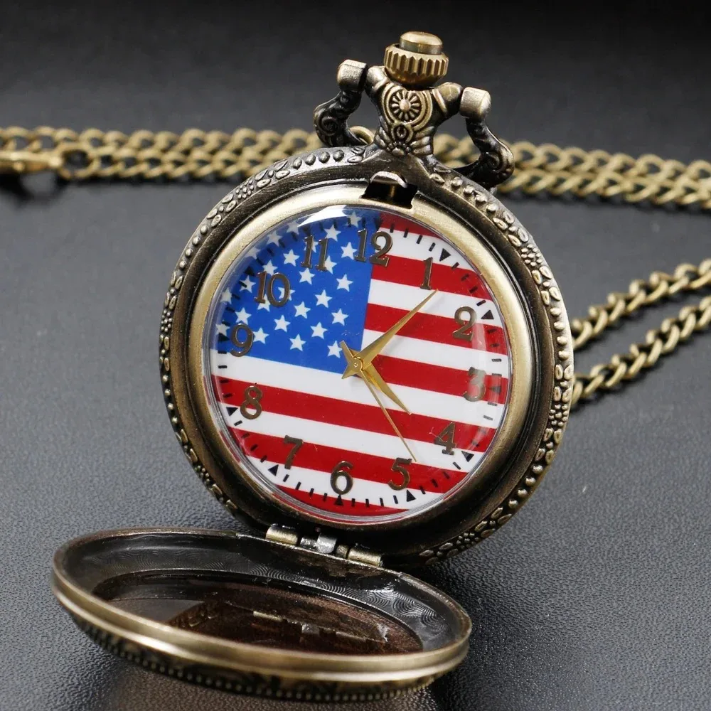 Flag Pattern Fashion Roman Digital Quartz Pocket Watch Men's and Women Necklace Pendant Pocket Watches with Chain Gifts