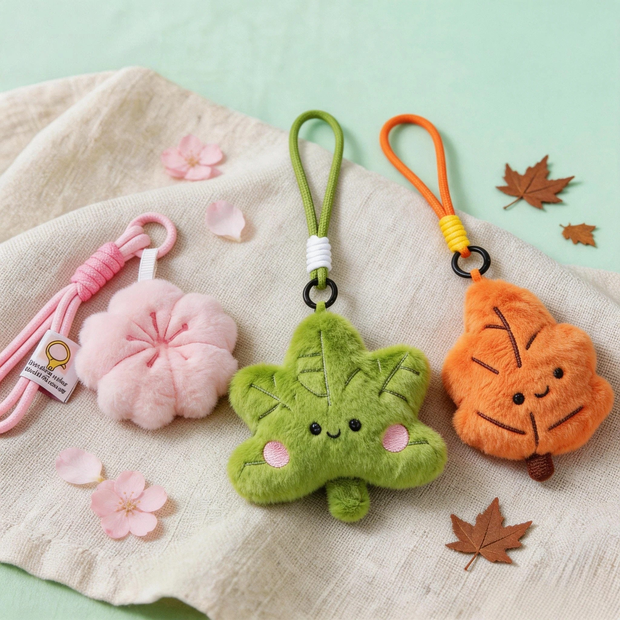 Hawaii Sakura & Maple Leaf Plush Keychain Soft Cute Floral Stuffed Charm for Bag,Key,Backpack Adorable Filled Plant Pendant Gift