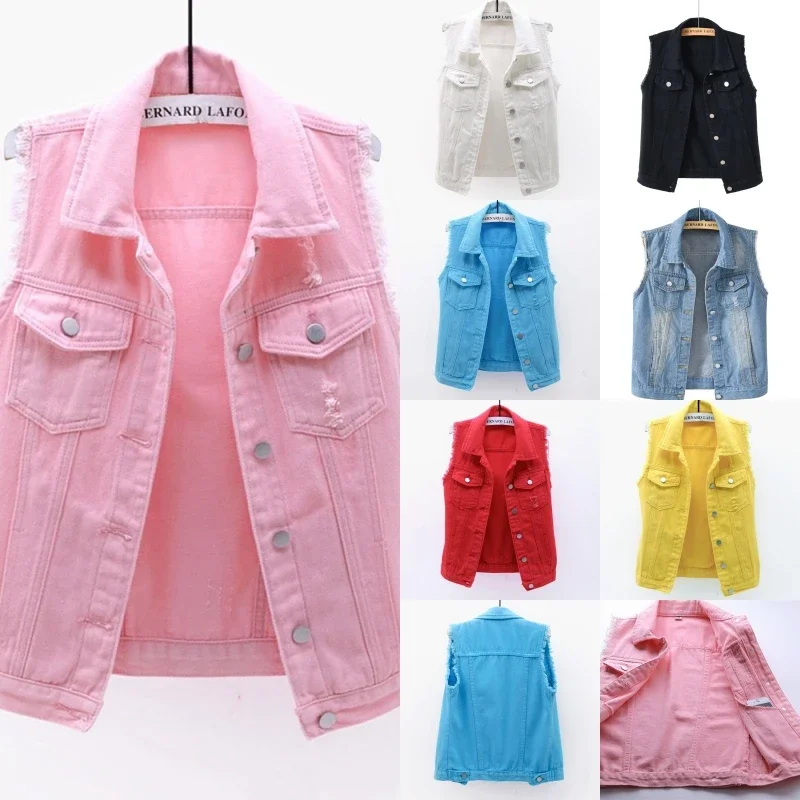 

Multi-colour Denim Vest Jacket Women Short Waistcoat Oversize S-7XL Sleeveless Coat Lady Casual Top Hole Jean Vests Multi-pocket