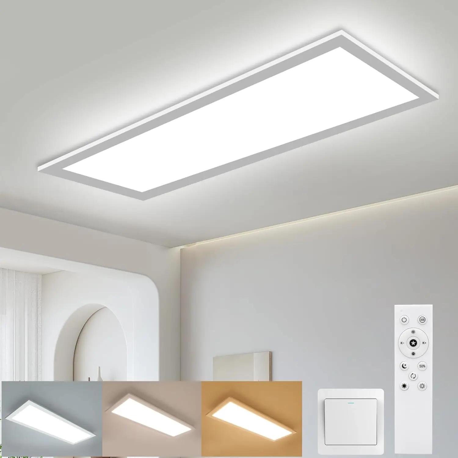 24W LED-Deckenleuchte 3100LM dimmbar 3000K–6500K Flachpanel mit Fernbedienung, 58×20cm Deckenlampe für Schlafzimmer Küche Büro