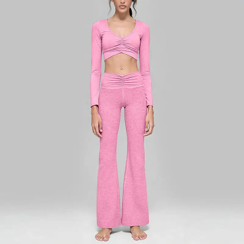 Cationic-Sync Yoga Set Women High Elastic Ruched Relaxed Fit Wide Leg Pants Draped Long Sleeve Top Technical Activewear