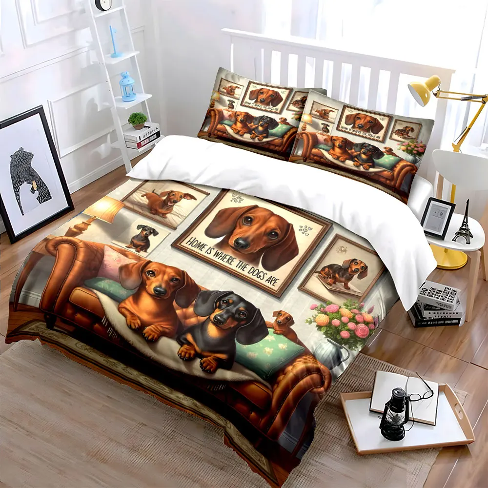 Two dachshunds on the sofa cartoon Print Bedding Set 1 Duvet Cover 2 Pillowcases for Adult and Children Luxury Gift Full Size