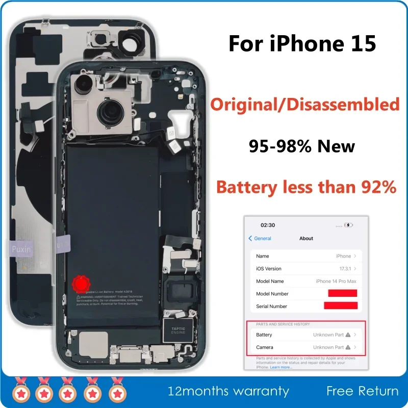 95% New Original Disassembled Middle Housing Back Cover Glass For iPhone 15 with Battery Rear Camera NFC Wireless Assembly