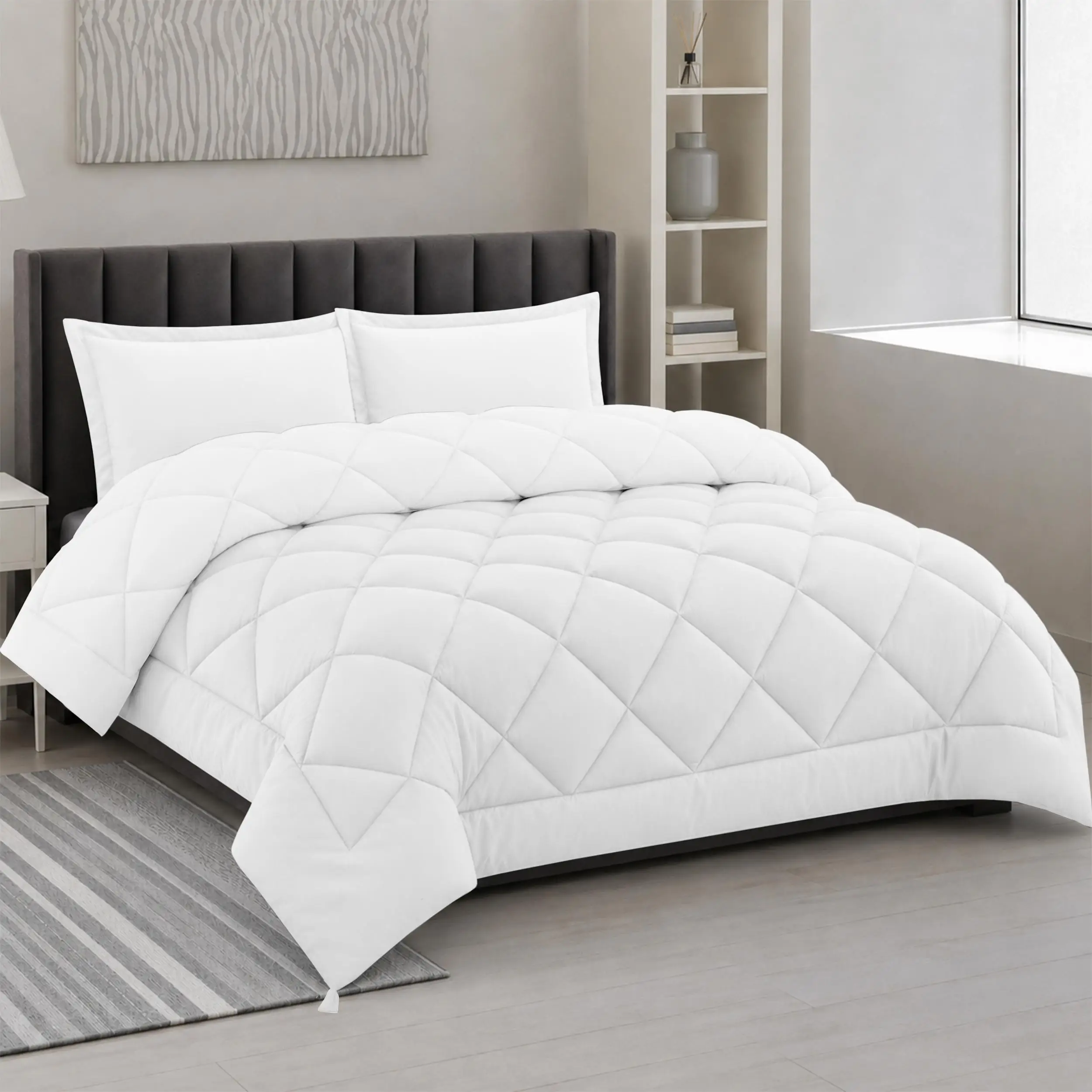 Premium 3 Pcs Reversible Comforter Set All-Season Fluffy Bedding Set Soft Breathable Duvet Insert Quilt with Pillowcases Easy Care Warm Blanket for Home Bedroom Textile