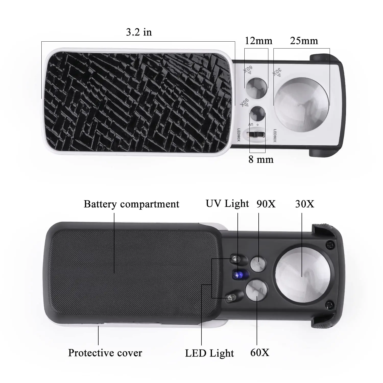 Imagem -02 - Lupa de Jóias com Luz uv Led Lupa de Bolso Deslizante Lente Óptica para Moedas e Selos de Diamantes 30x 60x 90x