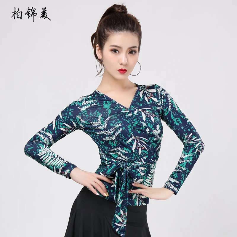 Latin dance top female adult clothing new mid-sleeve V-neck belt competition performance modern dance training clothes