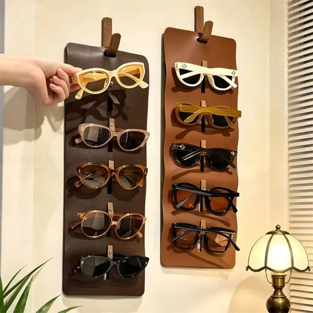 Wall Mounted Glasses Organizer 5 Slot Portable Sunglasses Storage Bag Roll Up PU Leather Eyeglasses Display Rack Office