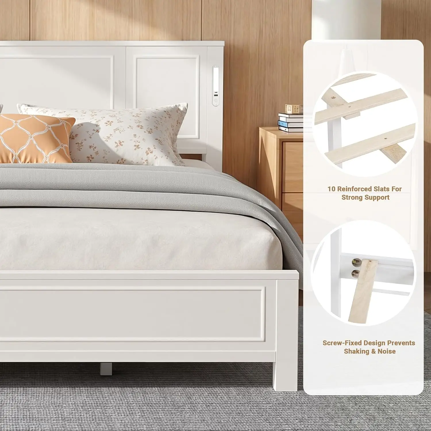 Queen Bed Frame with Headboard, Queen Size Pinewood Platform Bed Frame with LED Lights and USB Charging Station,, Customized - view 5