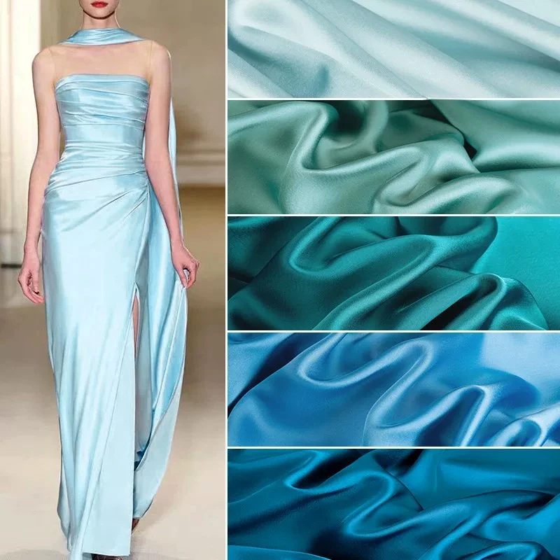 Faux Acetate Satin Fabric High Drape Lustrous Finish Dress Straps Breathable Silky Smooth Material Peacock Blue Cyan Green V1057