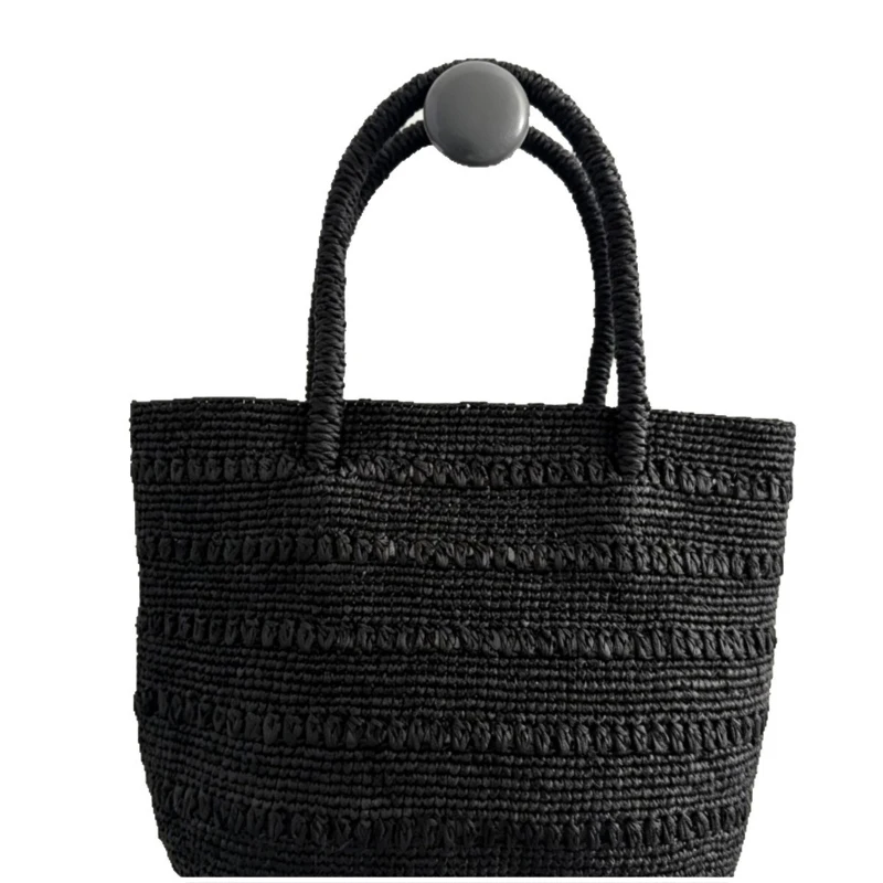 Einfarbige gewebte Handtasche, leichte Damen-Umhängetasche mit großem Fassungsvermögen, japanische Sommer-Strand-Urlaubstasche, lässige Pendler-Tragetasche – Detail 4