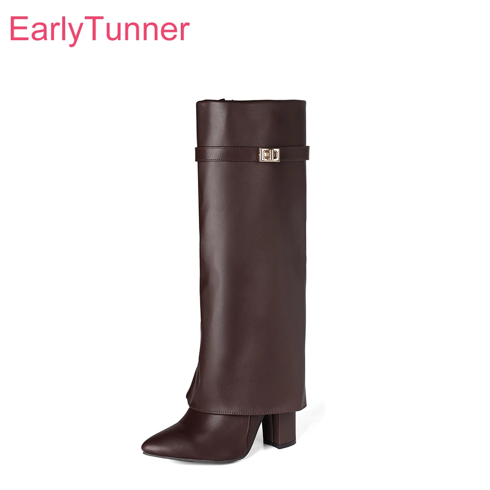 

2025 New Winter Mature Brown Apricot Women Knee High Boots Super High Square Heels Lady Party Shoes Plus Big Size 12 43 46 48
