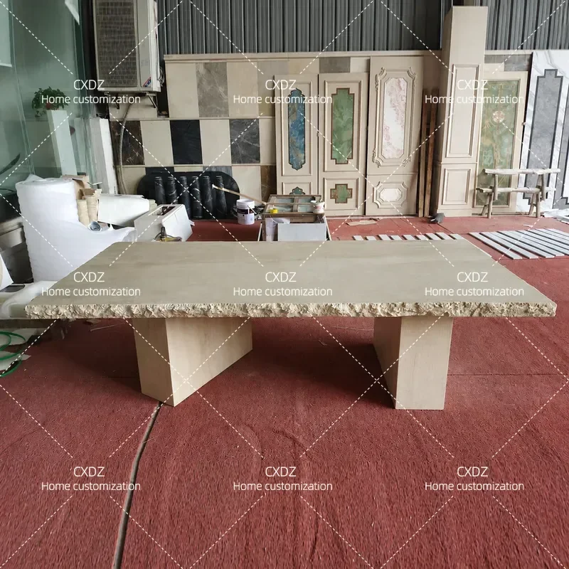 Natural Travertine Dining Table Rectangular Wool Surface Broken Marble Texture High End Modern Minimalist Wabi Sabi Style