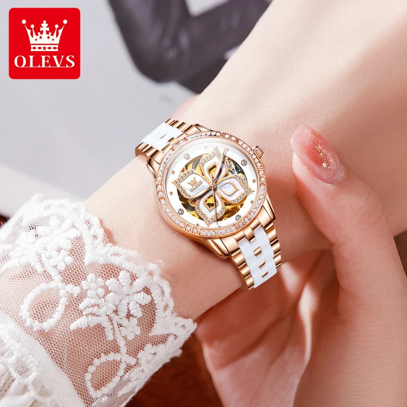 OLEVS Luxury Hollow Skeleton Women Mechanical Watches Elegant Ceramics Strap Rhinestone Bezel Waterproof Automatic Watch Woman