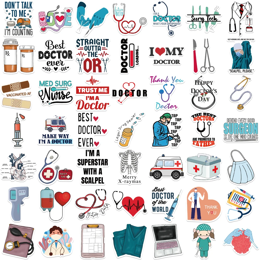 50/100/200 Pcs Doctor Stickers Cartoon Medical Vinyl Decal Waterproof Nursing Sticker Pack for Luggage Water Bottle Decor