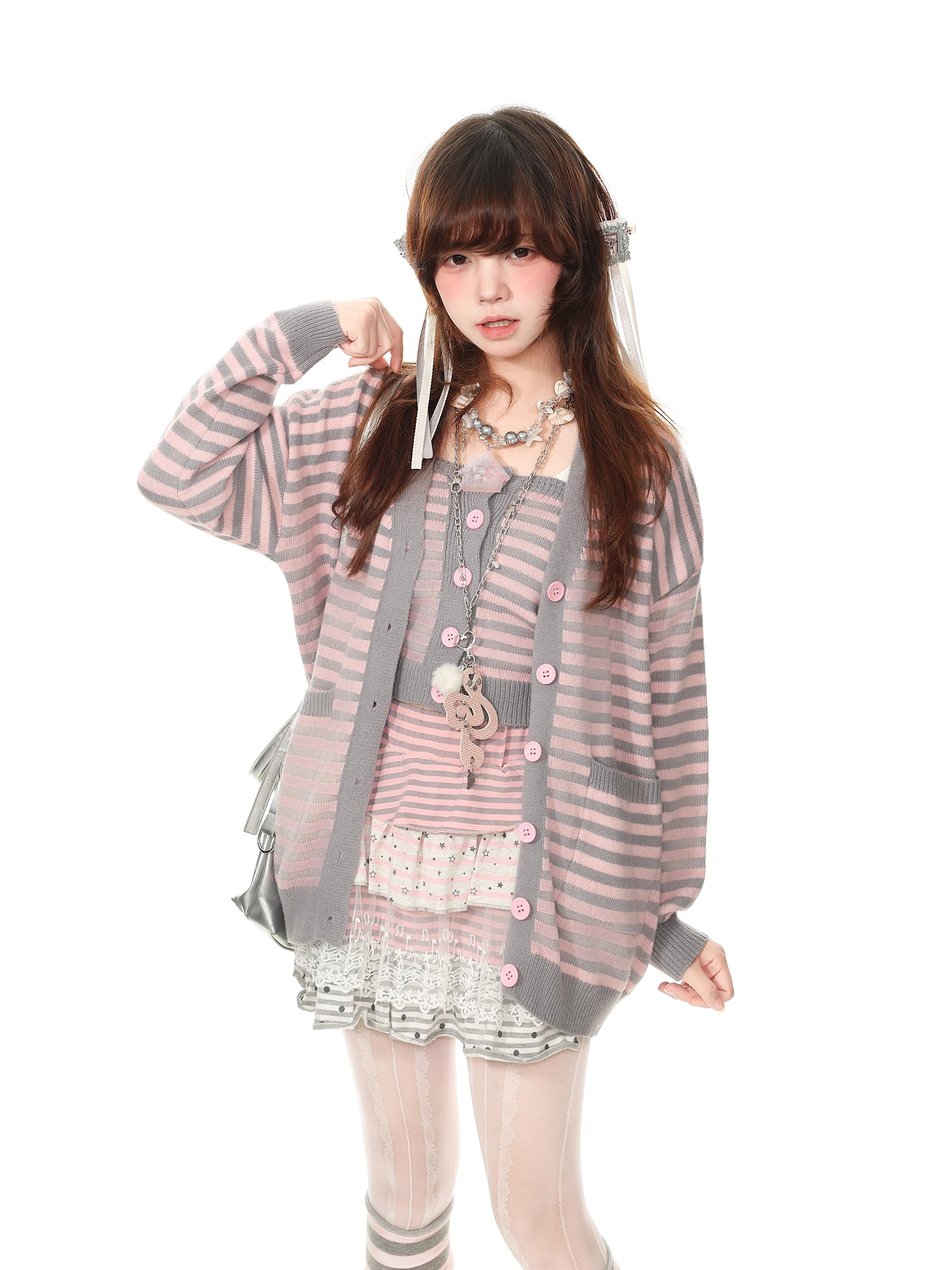 Blue Ghost Park Languid Park Striped Knitted Tube Top Open Cardigan Sweater Two-Piece Set Women's Autumn Collection Casual Style