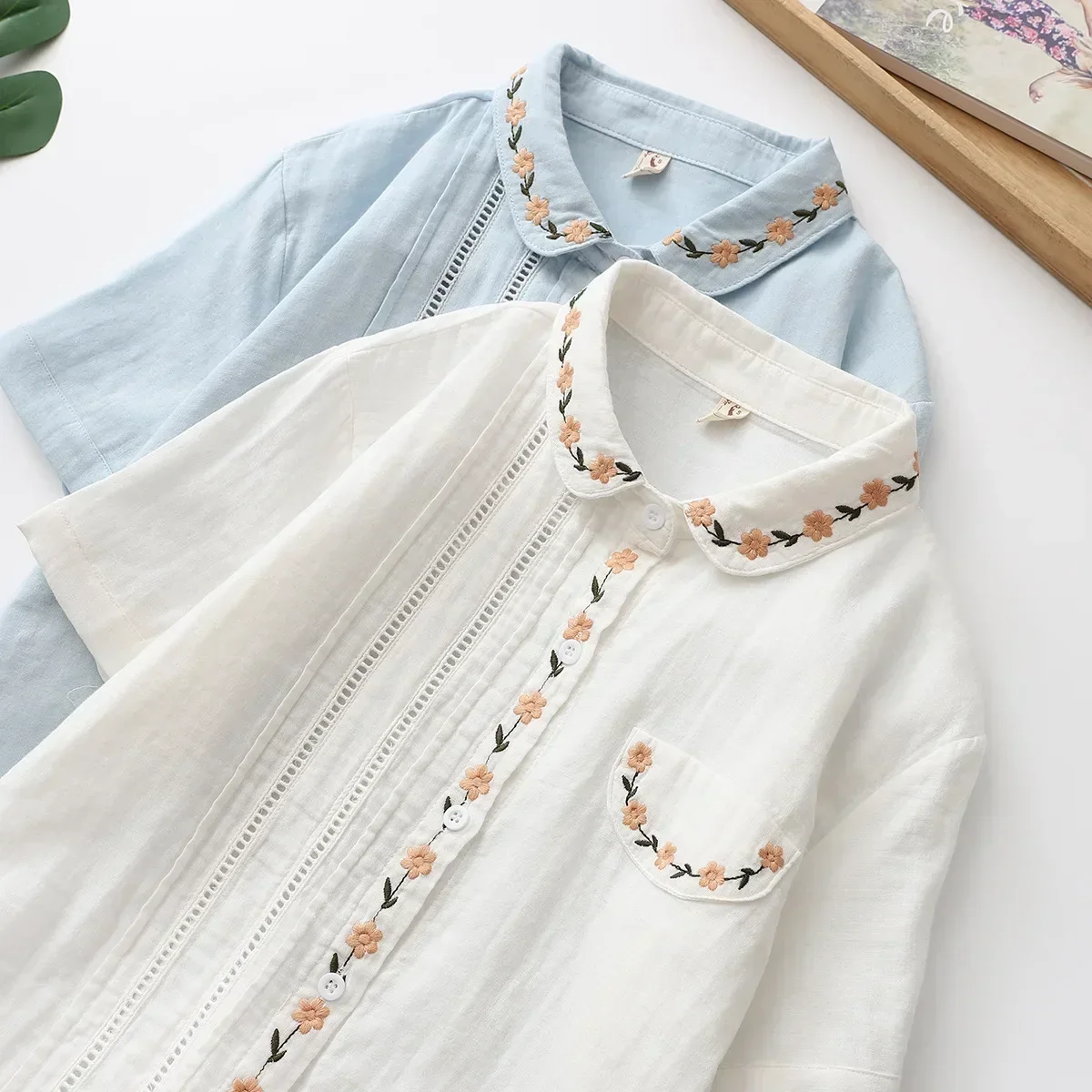 

Женская повседневная хлопковая рубашка с коротким рукавом, новинка лета 2022, с воротником-стойкой и цветочной вышивкой, топы и блузки для женщин, женская одежда