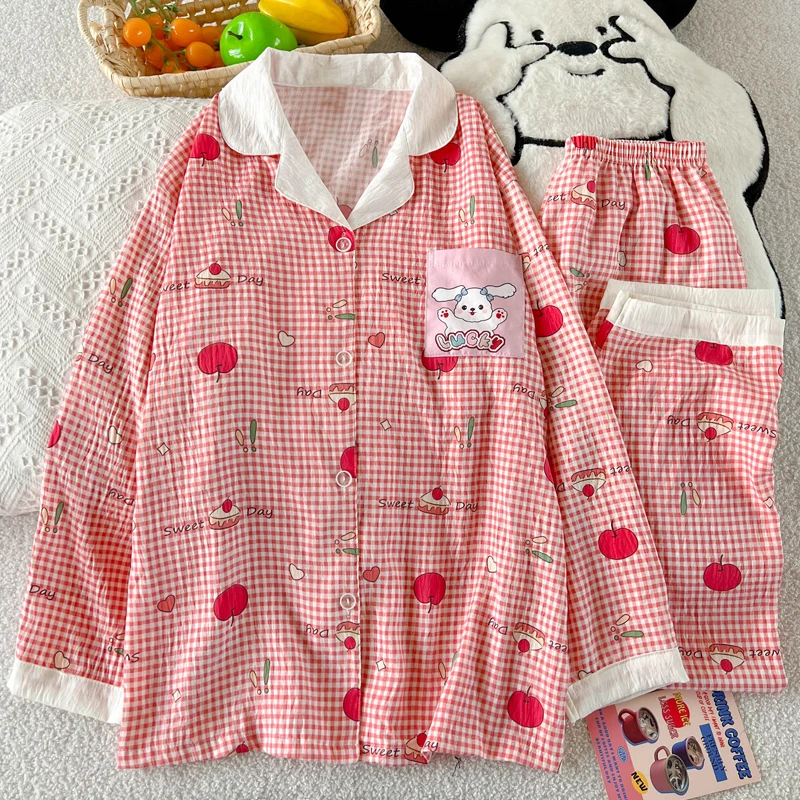 

Y2K Sweet Cute Cartoon Rabbit Women's Pajamas Set Lapel Neck Long Sleeve Soft Pajamas Set New Casual Kawaii Fun Print Sleepwear