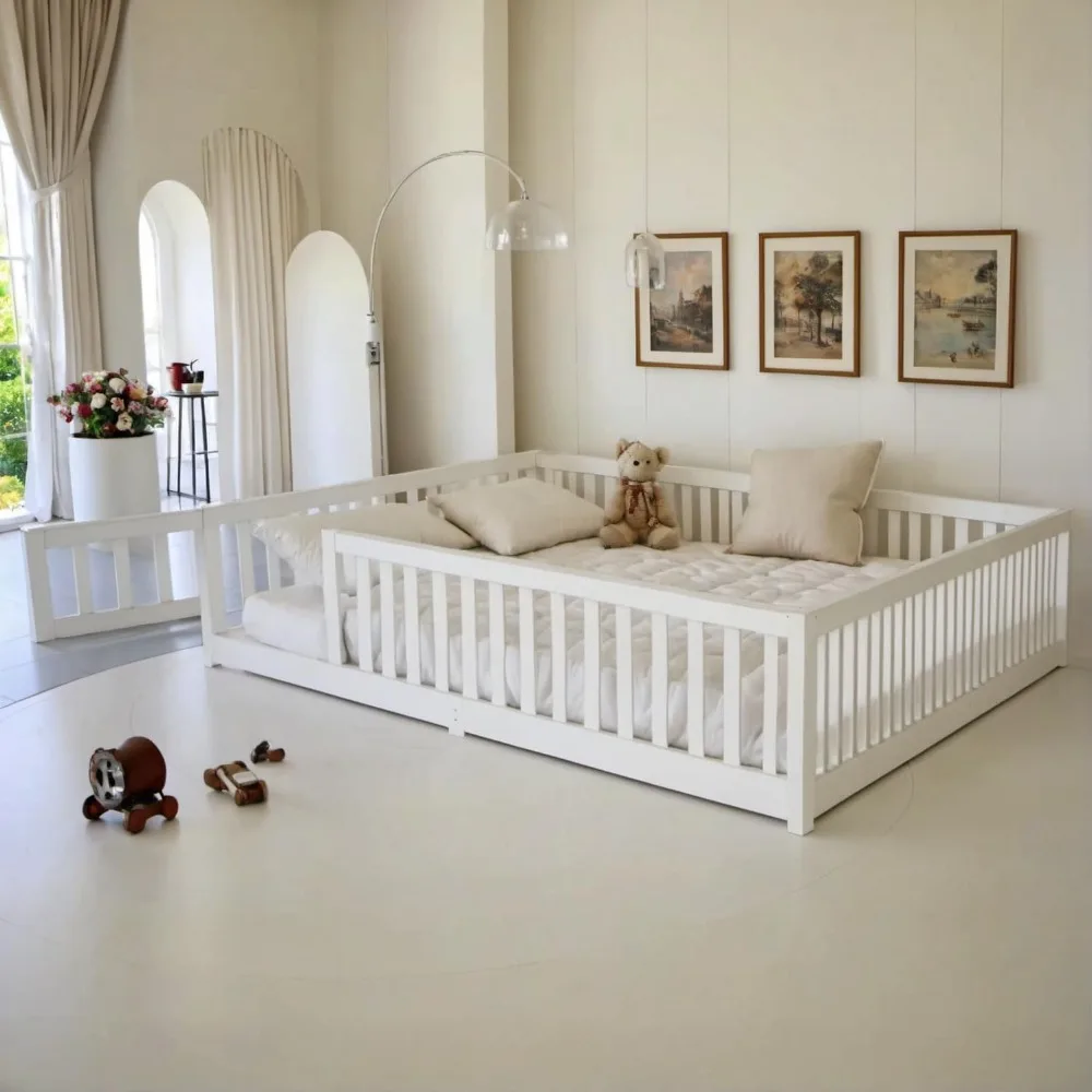 Full Size Floor Bed with Fence and Door, Rubber Wood Floor Bed w/Safety Guardrails/Near The Ground, Easy to Assemble & No Box Sp