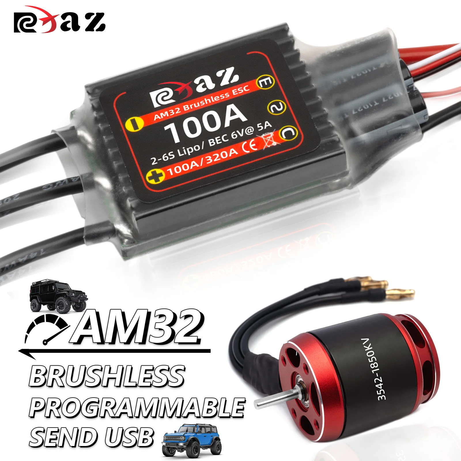 

RCXAZ Brushless Combo 3542 Outrunner Brushless Motor & AM32 100A Brushless ESC for 1/10 RC Traxxas Tamiya Programmable