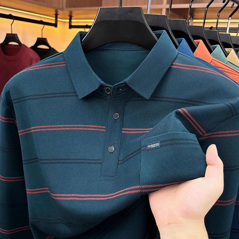 Men's Long Sleeve Striped Polo Shirt Business Lapel Shirt Men Casual Outdoor Office Daily Wear Button Spring Autumn Workwear Man - view 2