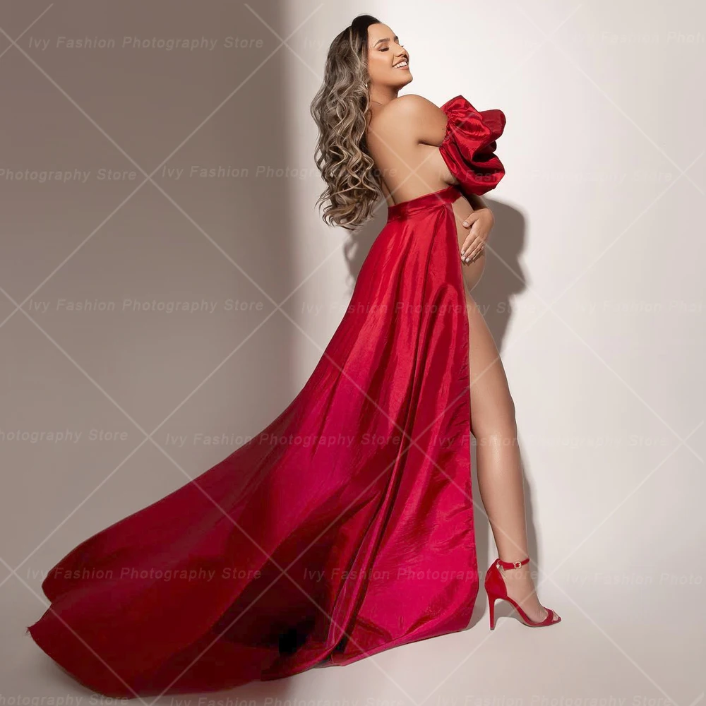 

Maternity Photoshoot Outfit For Women Sexy Red Satin Lace Up Skirt Bubble Sleeves Accessories Photography Studio Props