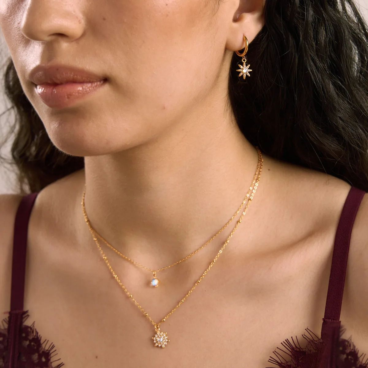 316L Stainless Steel Celestial Sun Moon Huggie Earrings Layered Necklace Jewelry Set, Waterproof Simulated Moonstone Gift