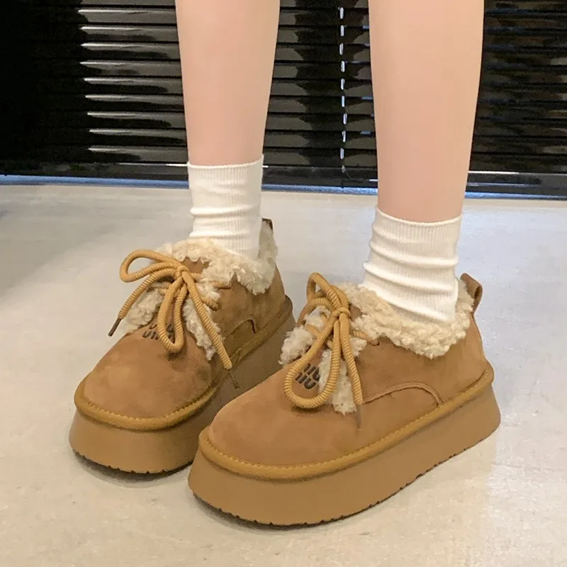 2024 botas de neve quentes de veludo feminino outono e inverno nova sola grossa confortável casual rendas sapatos de algodão