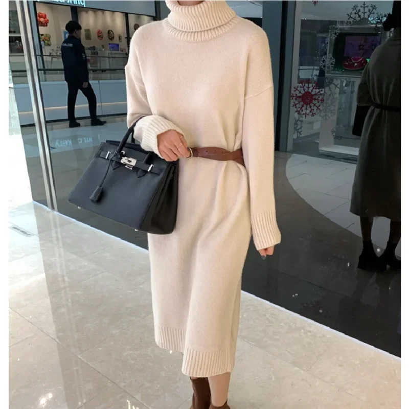 REALEFT خمر الكشمير الياقة المدورة المرأة محبوك فساتين طويلة 2025 جديد الخريف الشتاء كم طويل مستقيم فستان سترة فضفاضة #1