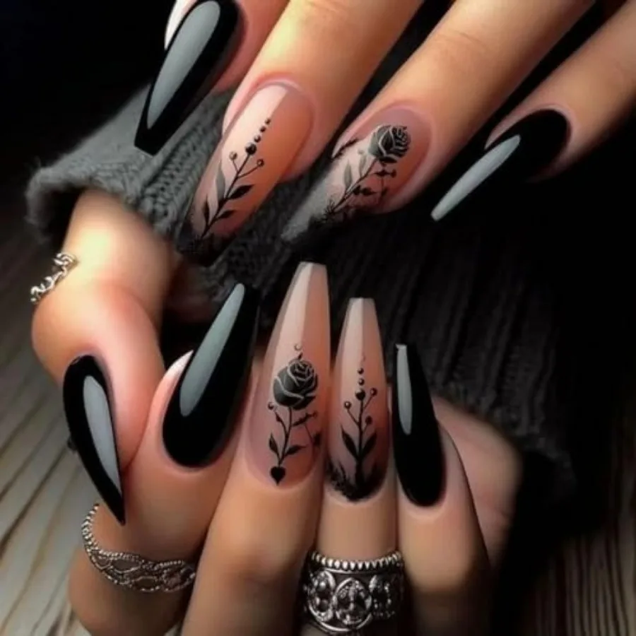 

Press on Nails - Long Coffin Glue on Nails with Goth Black, Acrylic Gothic Rose Design 24 pcs