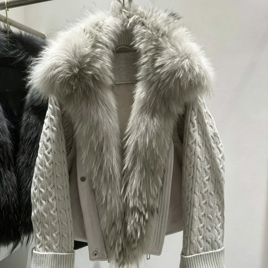 Ladies Puffer Down Jacket Genuine Natural Fur Warm Knitted Sleeves Comfort Winter Outerwear Cold Weather Trendy Fashion Look