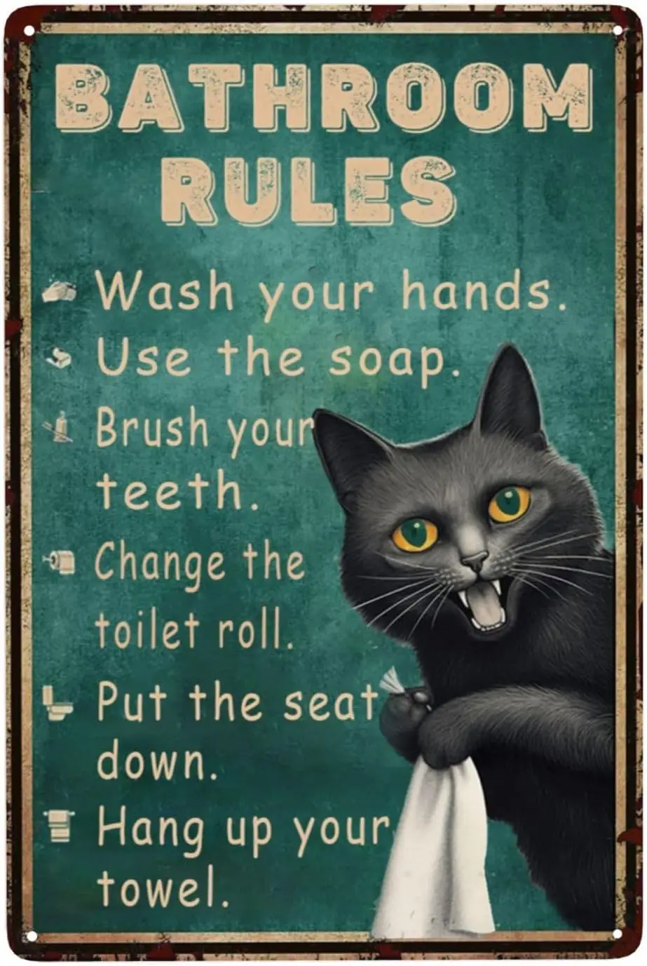 ZHIQUN Bathroom Rules Tin Sign 8X12IN - Funny Cat Motif Wall Decor for Rustic Bathrooms & Quirky Pet Owner Gift Ideas sign
