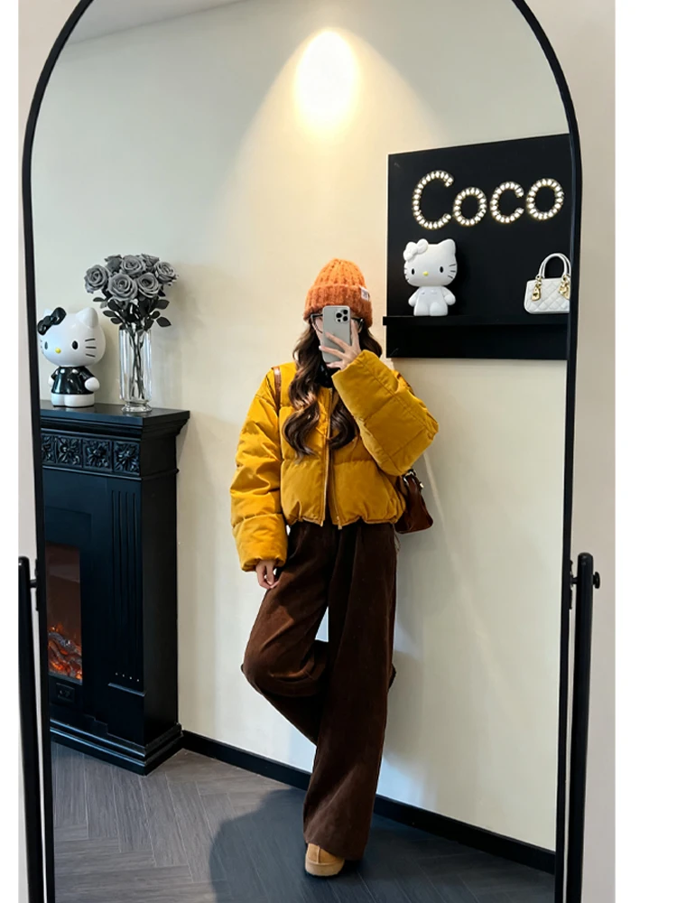 Korean Style Orange Corduroy Pumpkin Warm Cotton Jacket Women's Winter New round Neck Long Sleeve Bread Coat Female Fashion