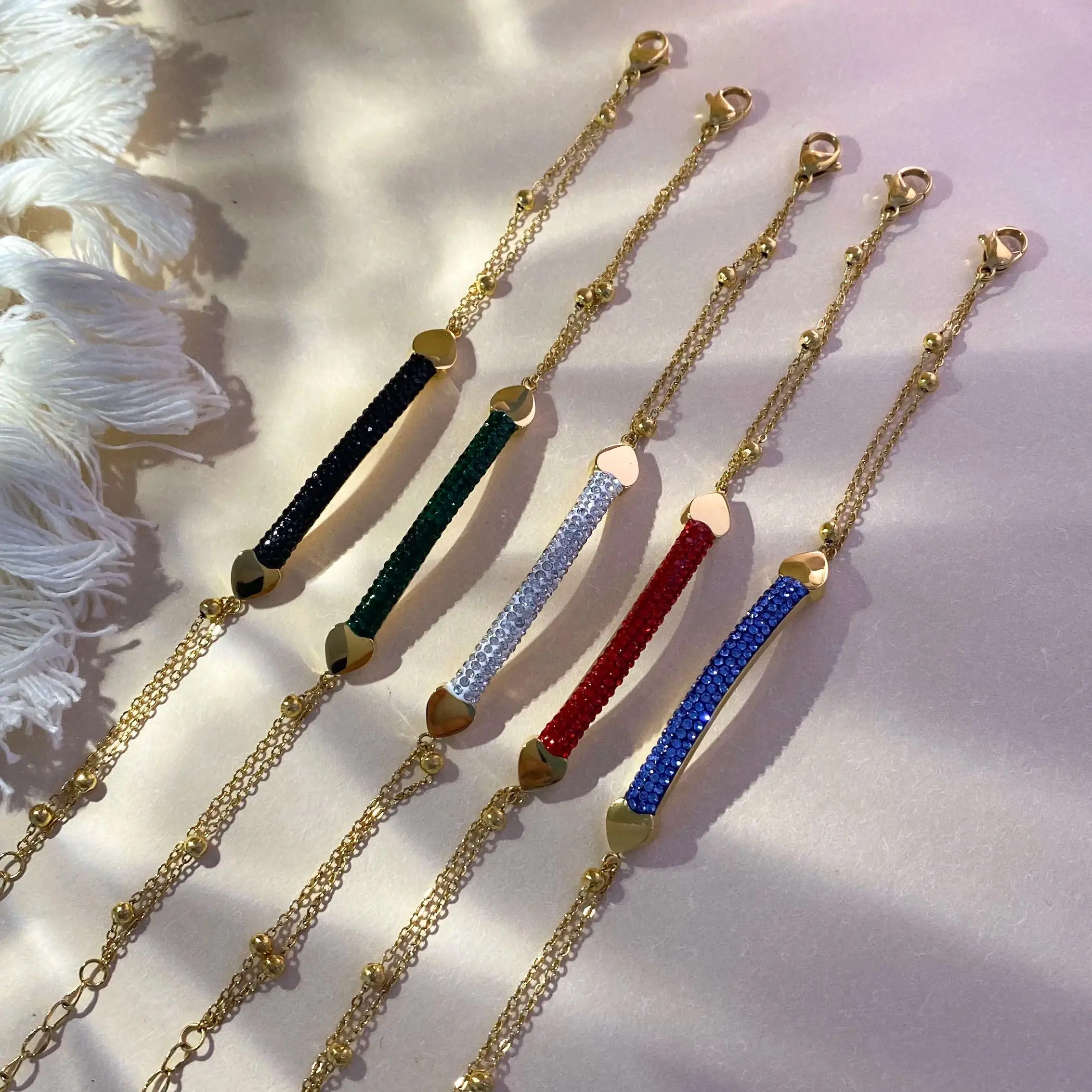 CARLIDANA Stainless Steel Gold Plated Zircon Crystal Beads Paving Curved bar Charm Adjustable Bangle Bracelet Women Jewelry