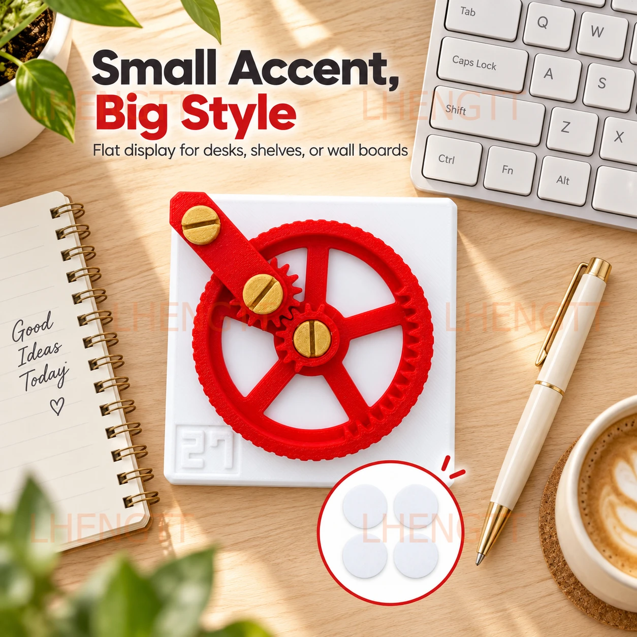 Rotating Gear Desk Decor, Mechanical Wheel Ornament with 4 Adhesive Dots for Office Desk, Wall, Shelf and Home Decor