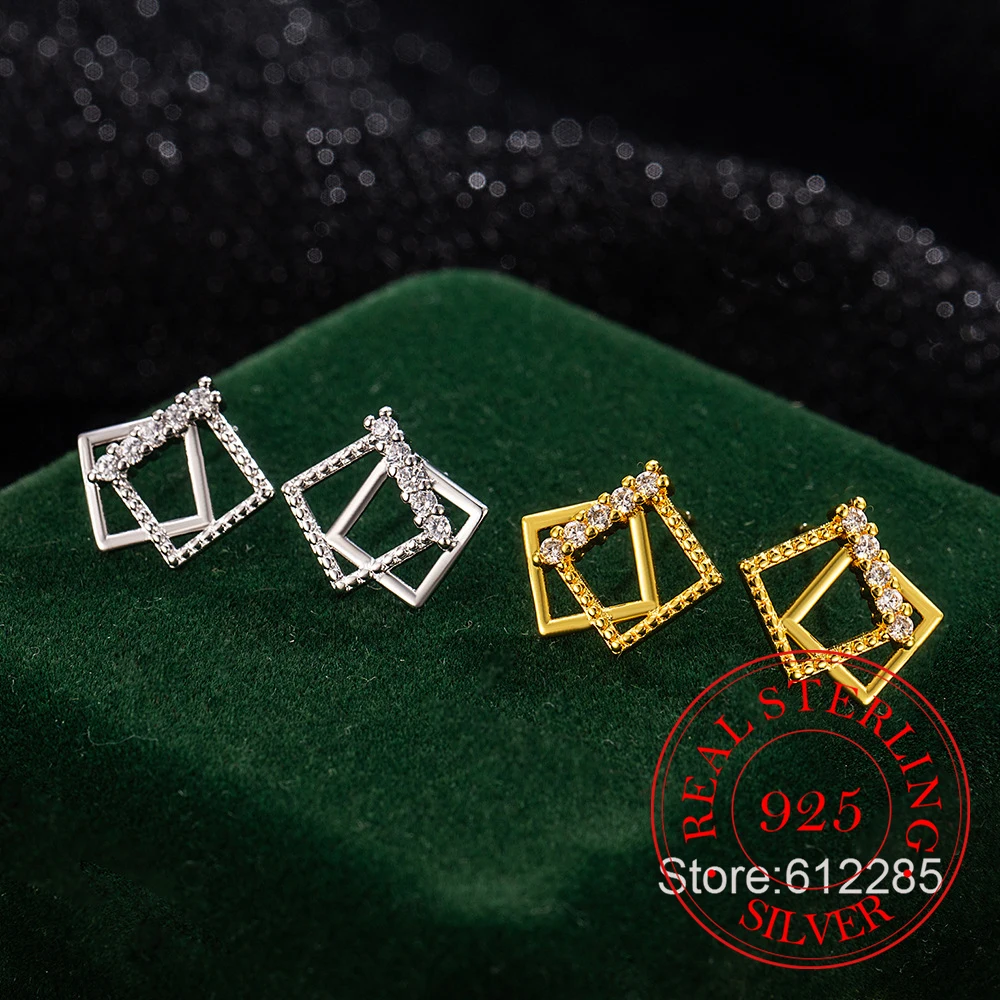 

925 Sterling Silver Jewelry Geometric Square Zircon Crystal Stud Earrings for Women Wedding Party Jewelry For Girls Friend Gift