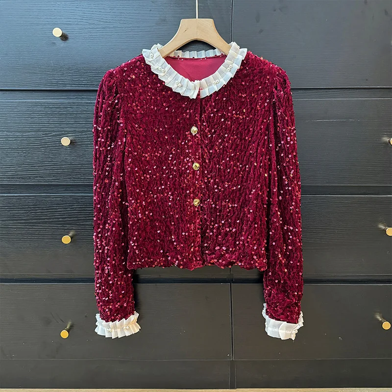 

Nail bead fungus edge splicing sequin shirt for women 2024 Spring and Autumn new fashionable loose top jacket women