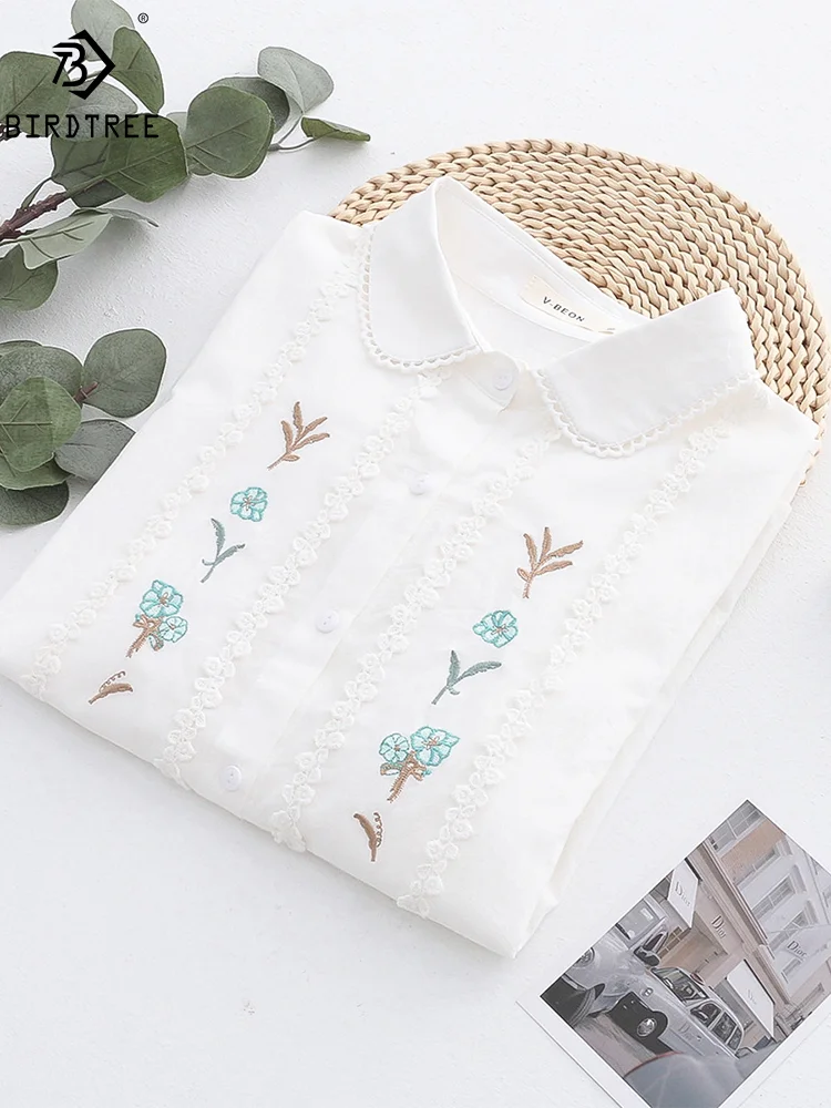 New Summer Cotton Casual Short Sleeve Shirt Women Lapel Embroidery Tops Girl Loose Fashion OL Blouses 2024 Autumn T45011QM
