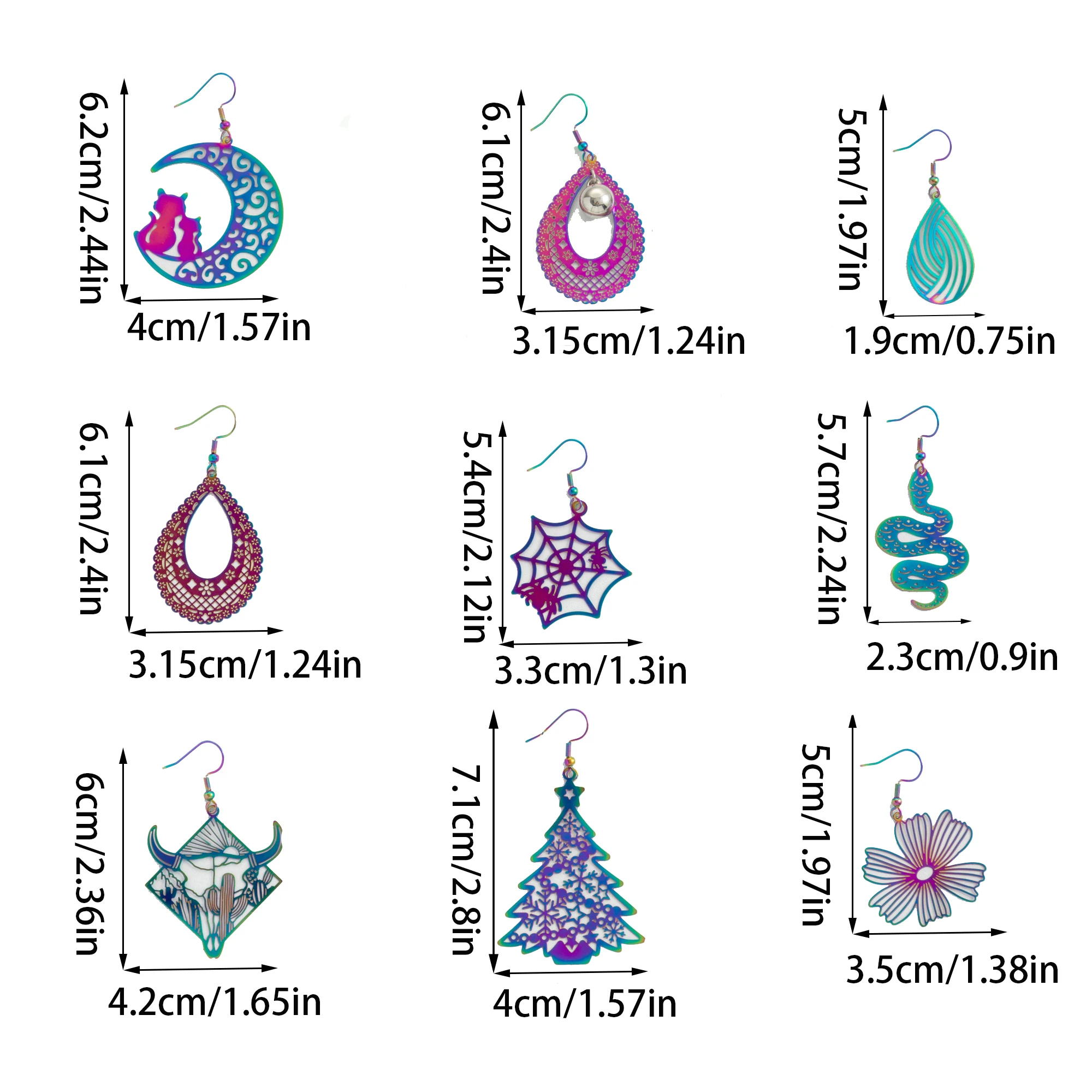 1 Pair of Exaggerated Seven Color Earrings Flower Water Drop Snake Christmas Tree Taurus Spider Web Spider Moon Cat